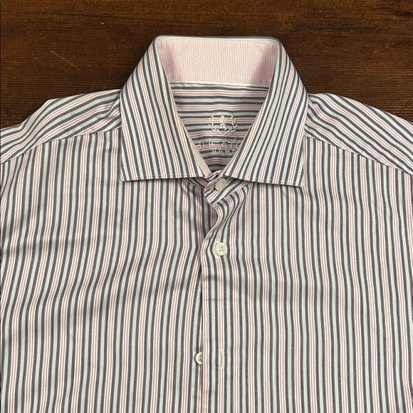 Bugatchi Uomo size 16/40 Men's Striped Dress Shirt - cuff links shirt Pink blue - Picture 1 of 12